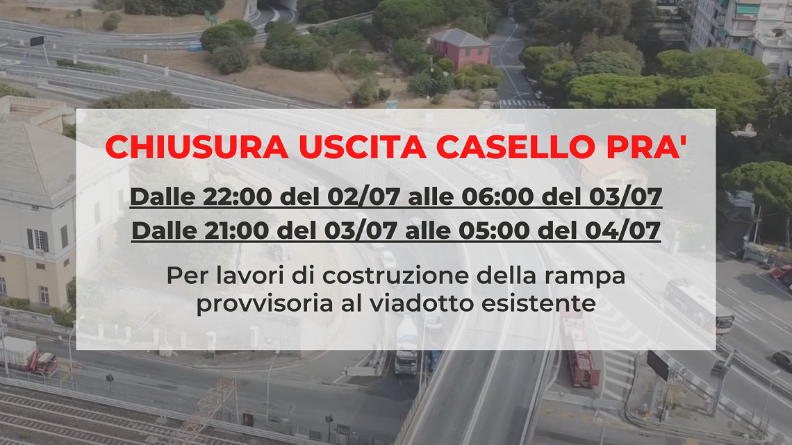 Casello Genova Pra’, chiusure notturne 2 e 3 luglio